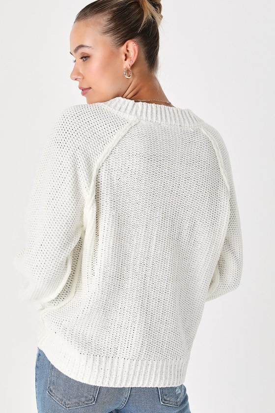 Ivory Long Sleeve Sweater - V-Neck Sweater - Chenille Sweater - Lulus