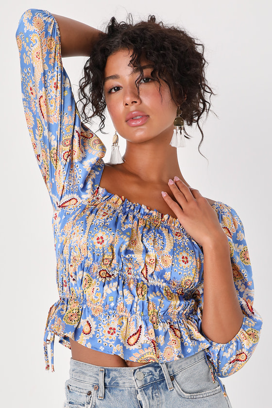 Lulus Staying Cute Blue Paisley Satin Ruffled Long Sleeve Top