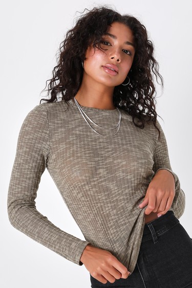 Free People Aurora Olive Green Ribbed Knit Long Sleeve Layering Top