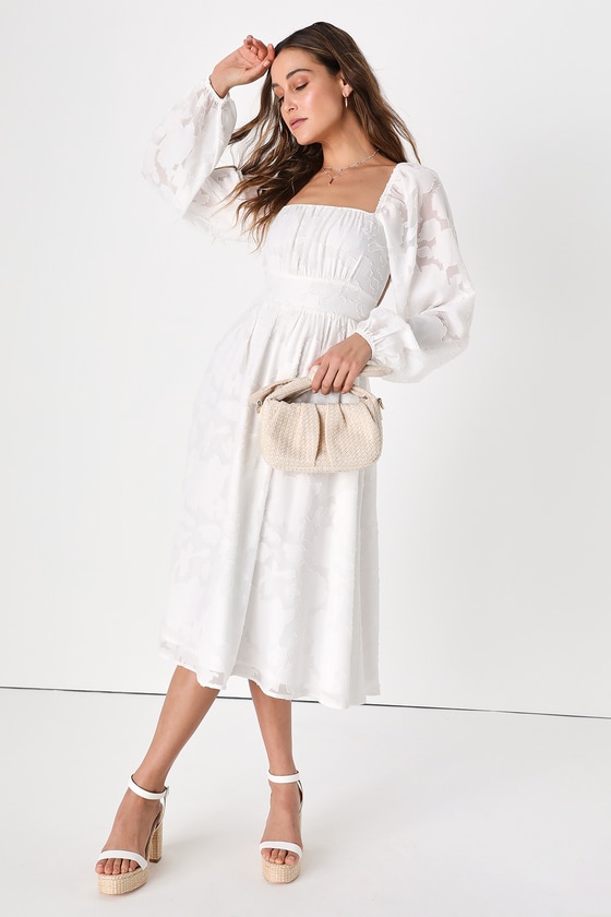 White Floral Jacquard Dress - Lace-Up Midi Dress - Backless Dress