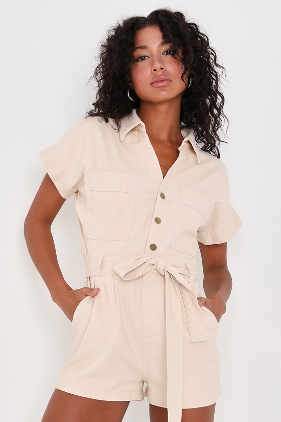 Lulus Everyday Energy Beige Collared Belted Short Sleeve Romper