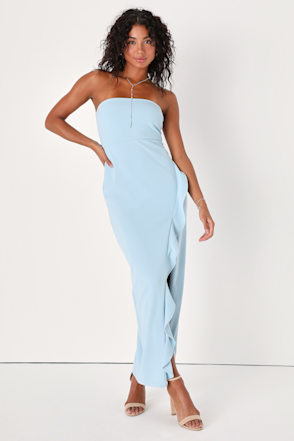 strapless open back dress Baby Pink Strapless High Slit Ruffle Long Formal Dress – Aquarius Brand