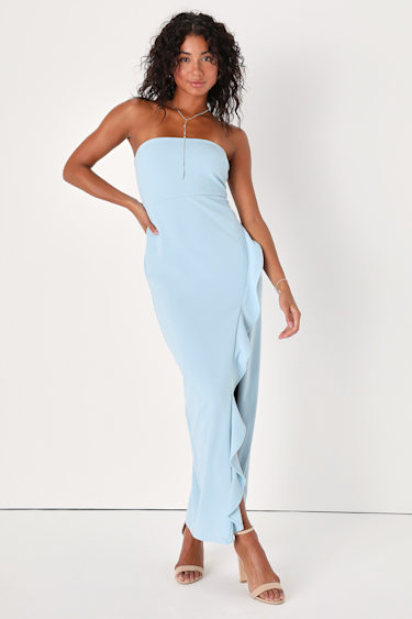 After Hours Light Blue Strapless Ruffled Maxi Dress