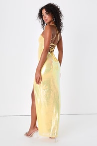 Glam Diva Iridescent Yellow Sequin Lace-Up Maxi Dress