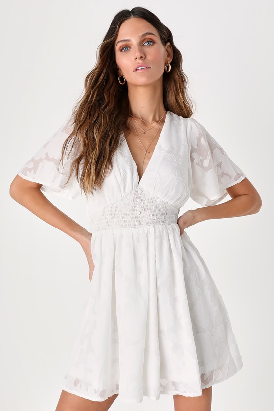 White Floral Jacquard Dress - Flutter Sleeve Dress - Skater Dress - Lulus