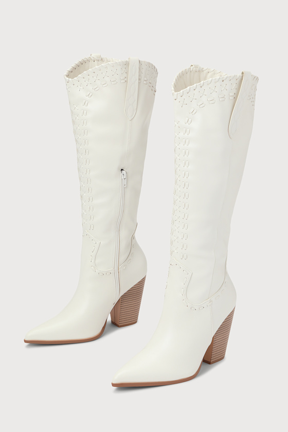 Yohana White Pointed-Toe Knee-High Boots 1