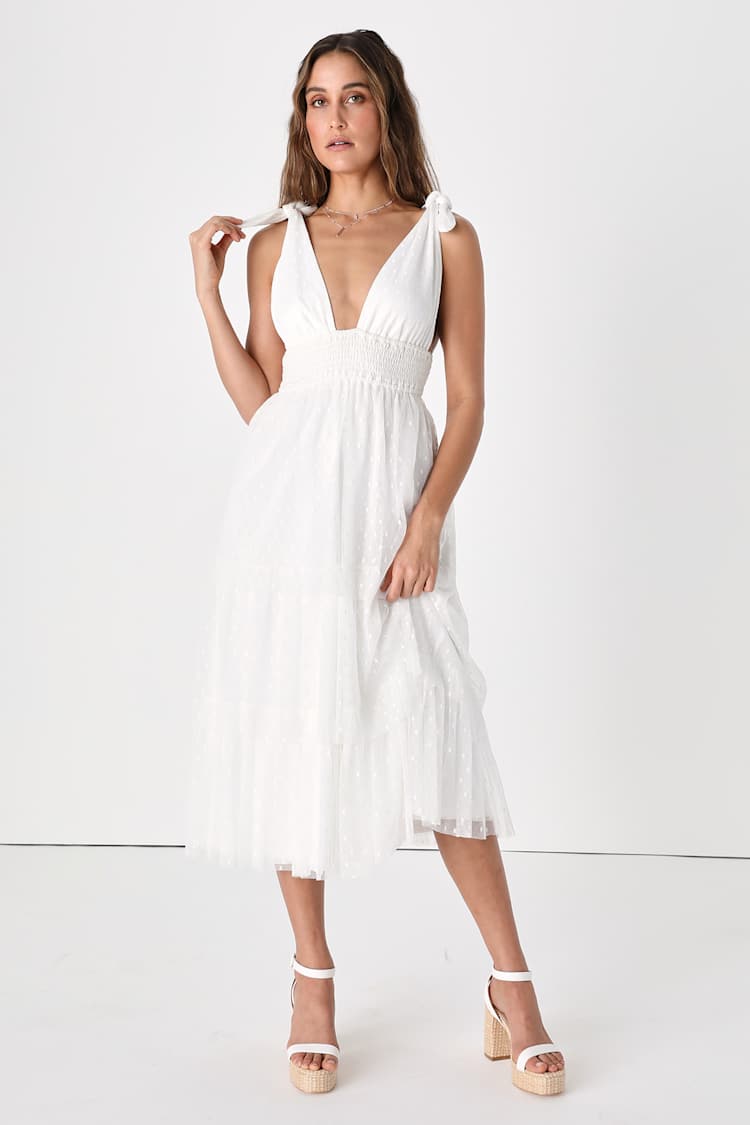 white swiss dot midi dress White Tiered Dress - Swiss Dot Midi Dress - Tie-Strap Midi Dress