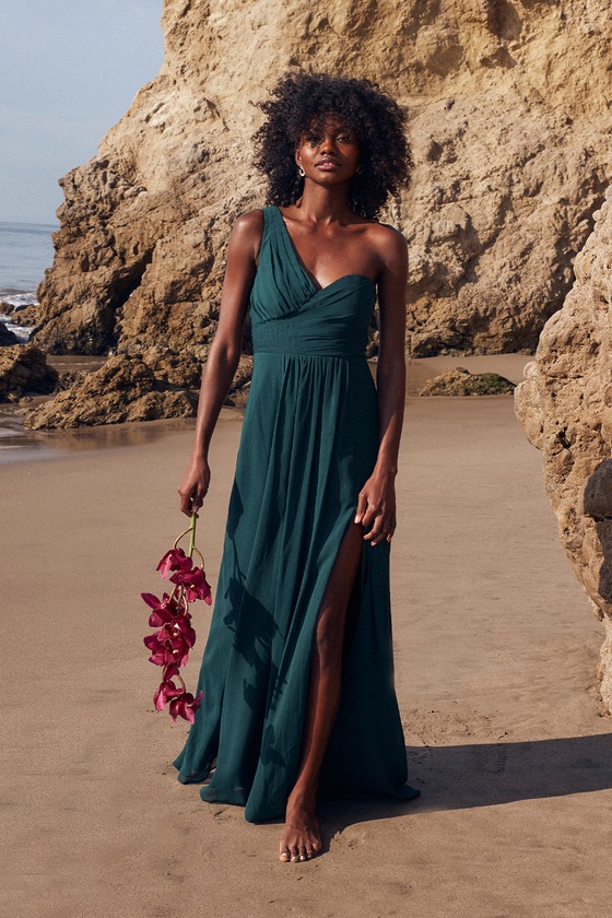 Emerald Green Gown - One-Shoulder Maxi Dress - Chiffon Maxi Dress - Lulus
