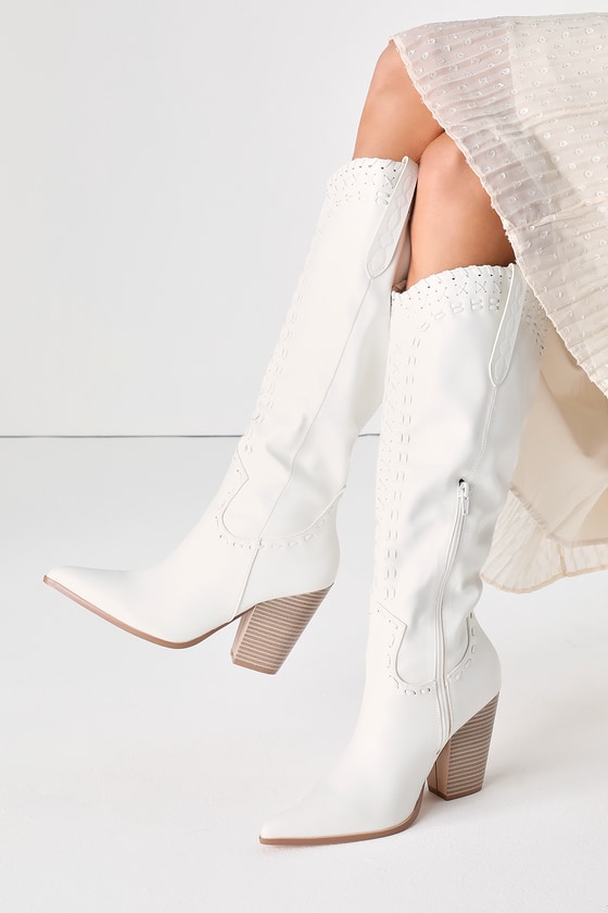 Lulus Yohana White Pointed-toe Knee-high High Heel Boots