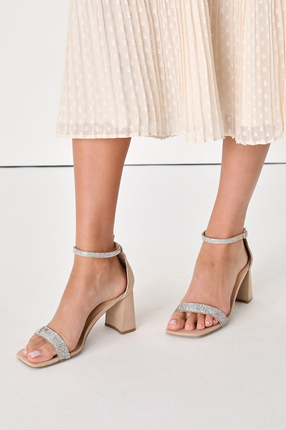 Vanay Light Nude Suede Rhinestone Ankle Strap Heels 5