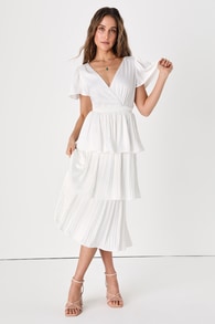 Twirl-wind Romance White Satin Tiered Midi Dress