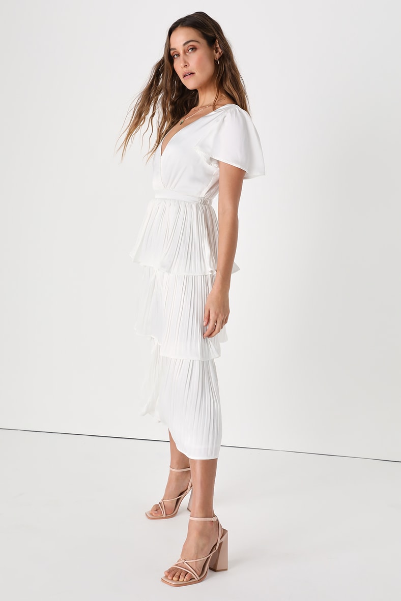 Twirl-wind Romance White Satin Tiered Midi Dress