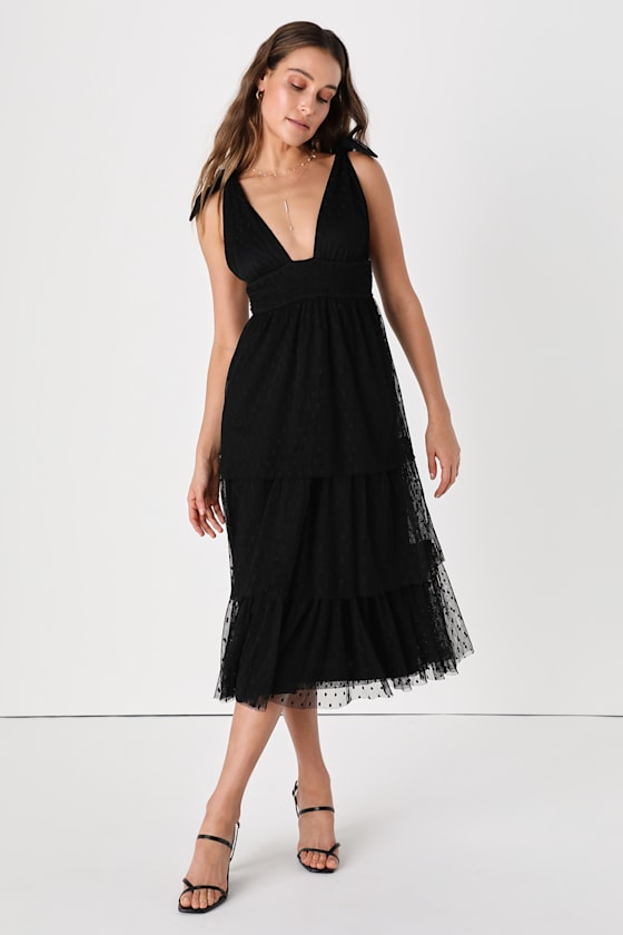 Black Tiered Dress Swiss Dot Midi Dress TieStrap Midi Dress Lulus