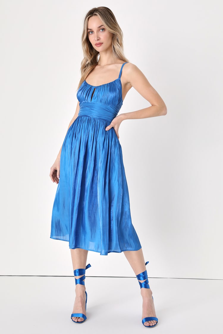 Cobalt Blue Dress - Pleated Satin Dress - Lace-Up Midi Dress - Lulus