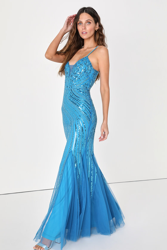Lulus Enchanted Nights Blue Sequin Mermaid Maxi Dress