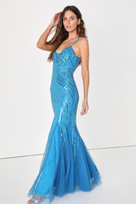 Enchanted Nights Blue Sequin Mermaid Maxi Dress
