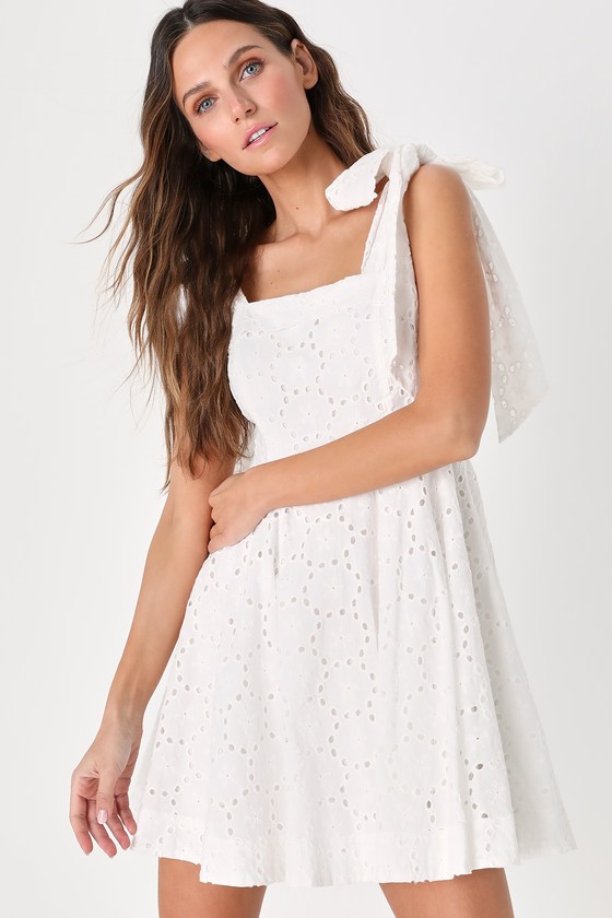 Tender Delight White Floral Embroidered Tie-Strap Mini Dress