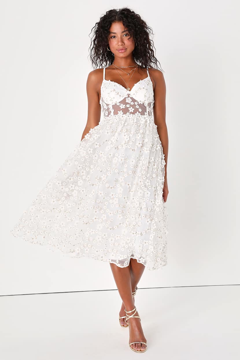 White Tulle Midi Dress - Floral Applique Dress - Bustier Dress - Lulus