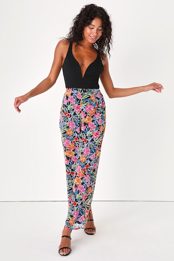 Pre-Order Black Floral Print Smocked High Waist Wide Leg Pants main image 1