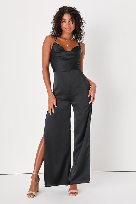 Black Jumpsuit - Split-Leg Jumpsuit - Satin Backless Jumpsuit - Lulus