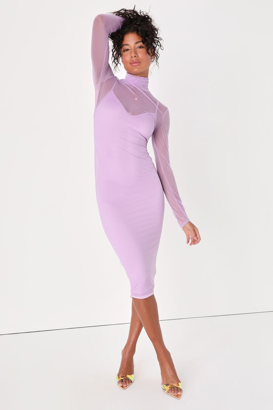 Dazzling Haze Lavender Mesh Long Sleeve Bodycon Midi Dress