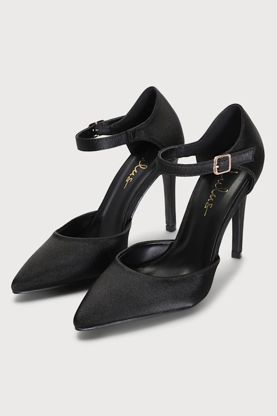Darline Black Satin Pointed-Toe Ankle Strap Pumps 2