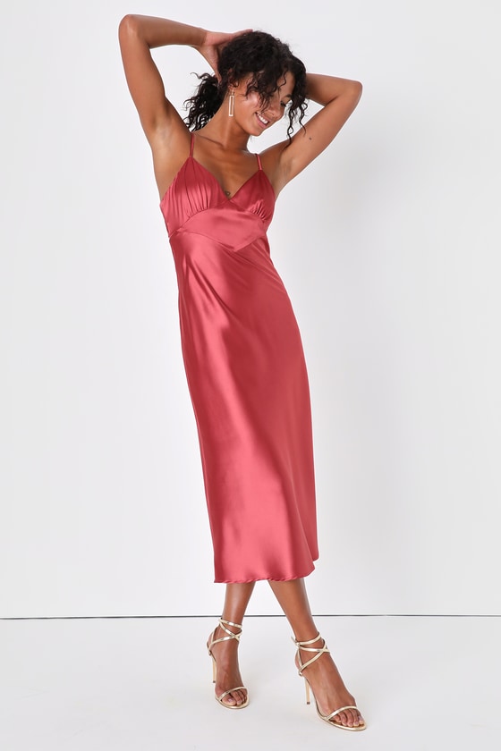 Lulus Luxe Moments Rusty Rose Satin Tie-back Midi Slip Dress In Pink
