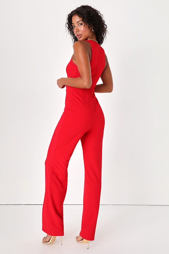Red Slit Leg & Sleeve Jumpsuit main image 1