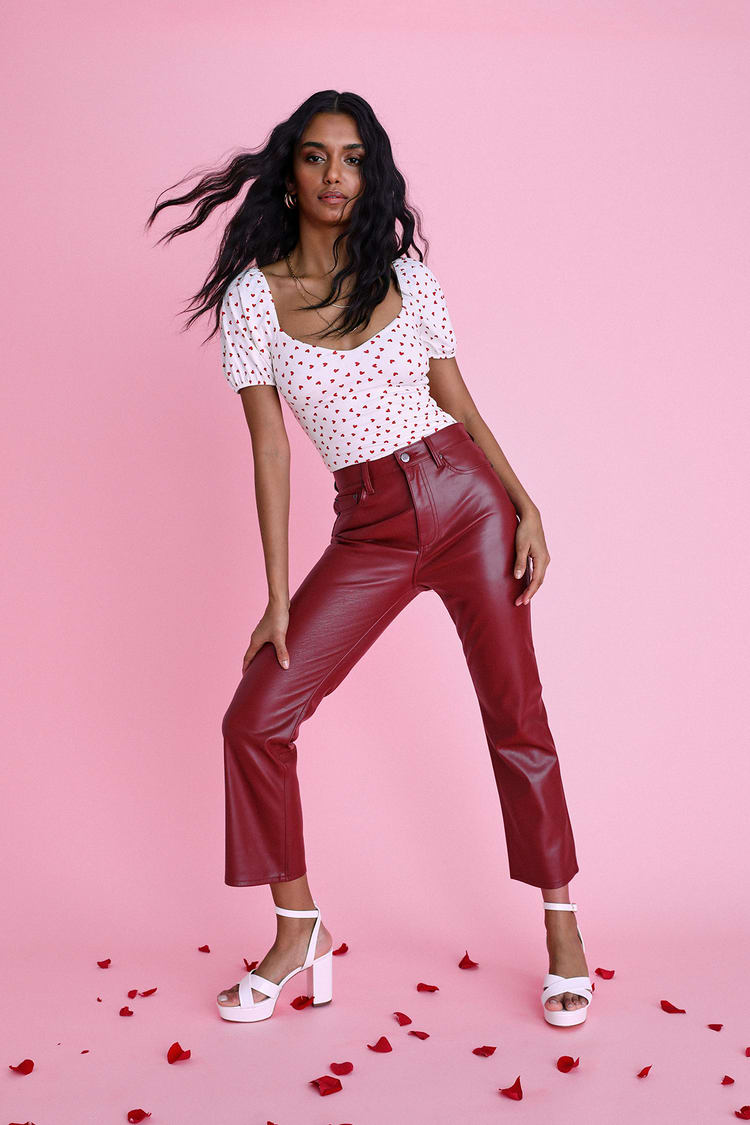 Lennon Wine Red Vegan Leather High Rise Cropped Flare Pants