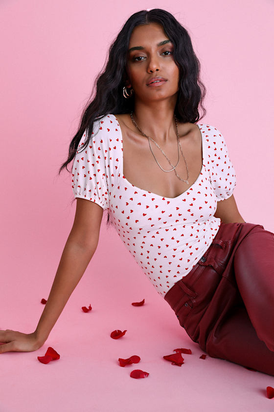Forever Your Crush Ivory Heart Print Puff Sleeve Bodysuit 6