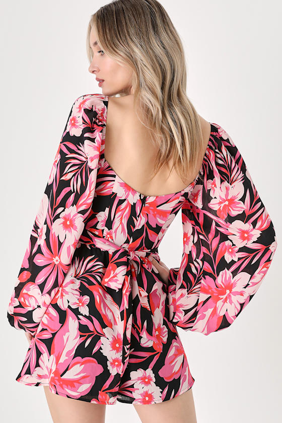 Printed Frill Half Button Balloon Sleeve Romper
