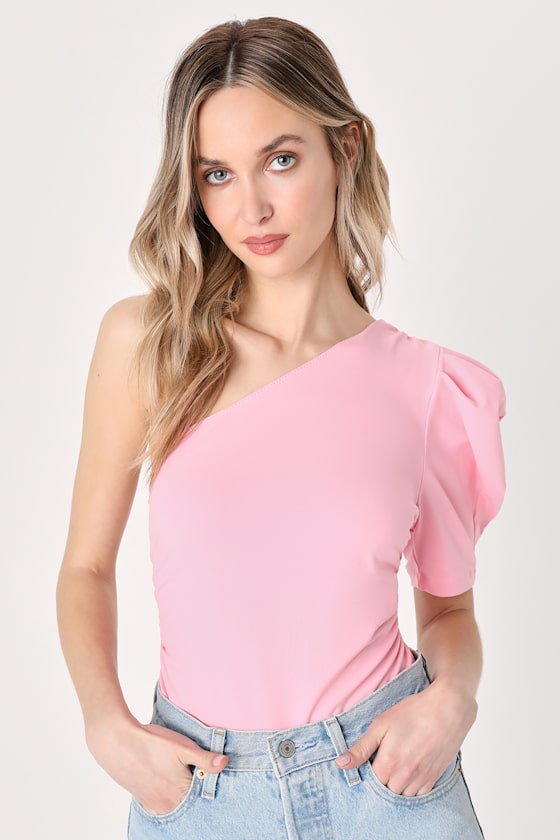 Free People Somethin Bout You Pink Bodysuit OneShoulder Top Lulus