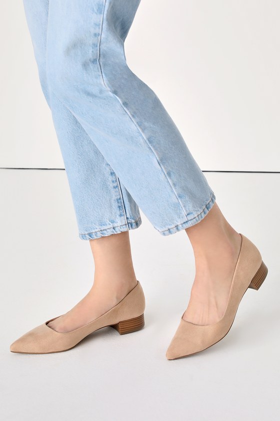 Lulus Alessia Light Nude Suede Low Pointed-toe Heels In Beige