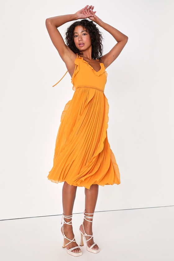 Lulus Never A Dull Moment Marigold Tie-strap Pleated Midi Dress In Yellow