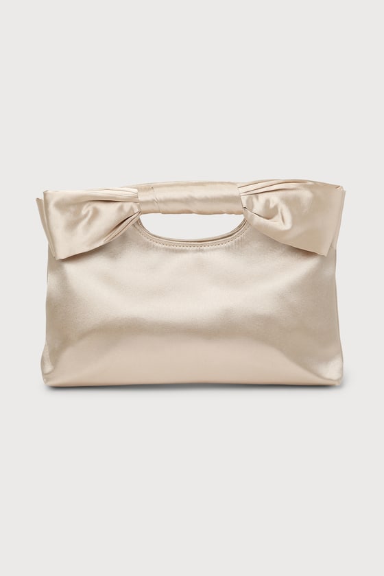 Lulus Total Romantic Champagne Satin Bow Clutch