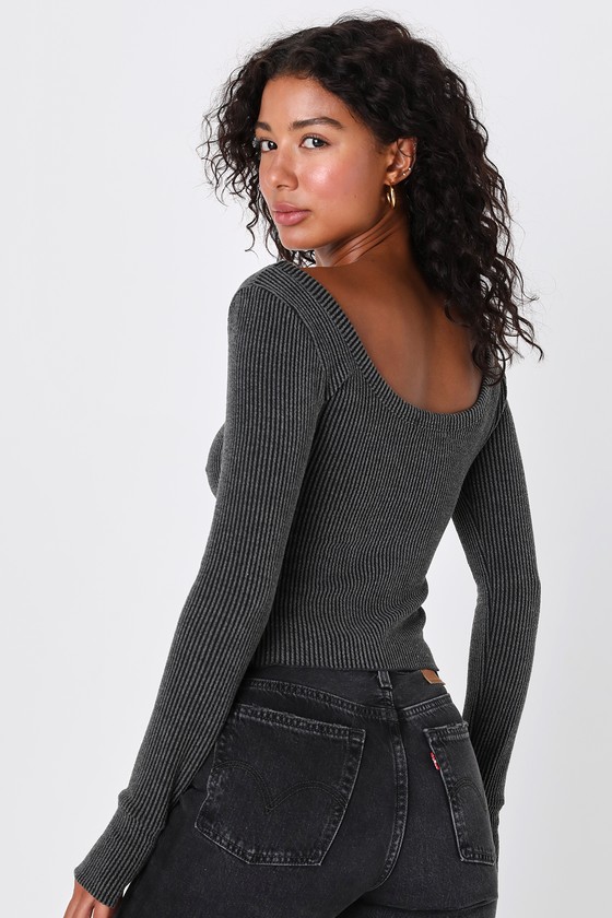 Charcoal Top - Long Sleeve Top - Ribbed Knit Top - Women's Tops - Lulus