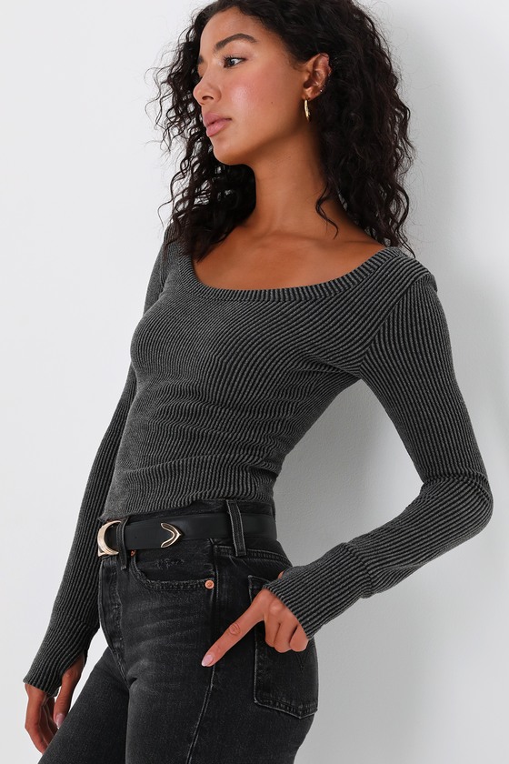 Charcoal Top - Long Sleeve Top - Ribbed Knit Top - Women's Tops - Lulus