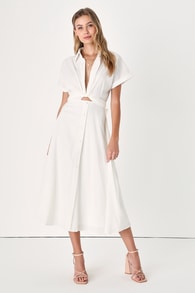Palermo Perfection White Collared Midi Dress with Pockets