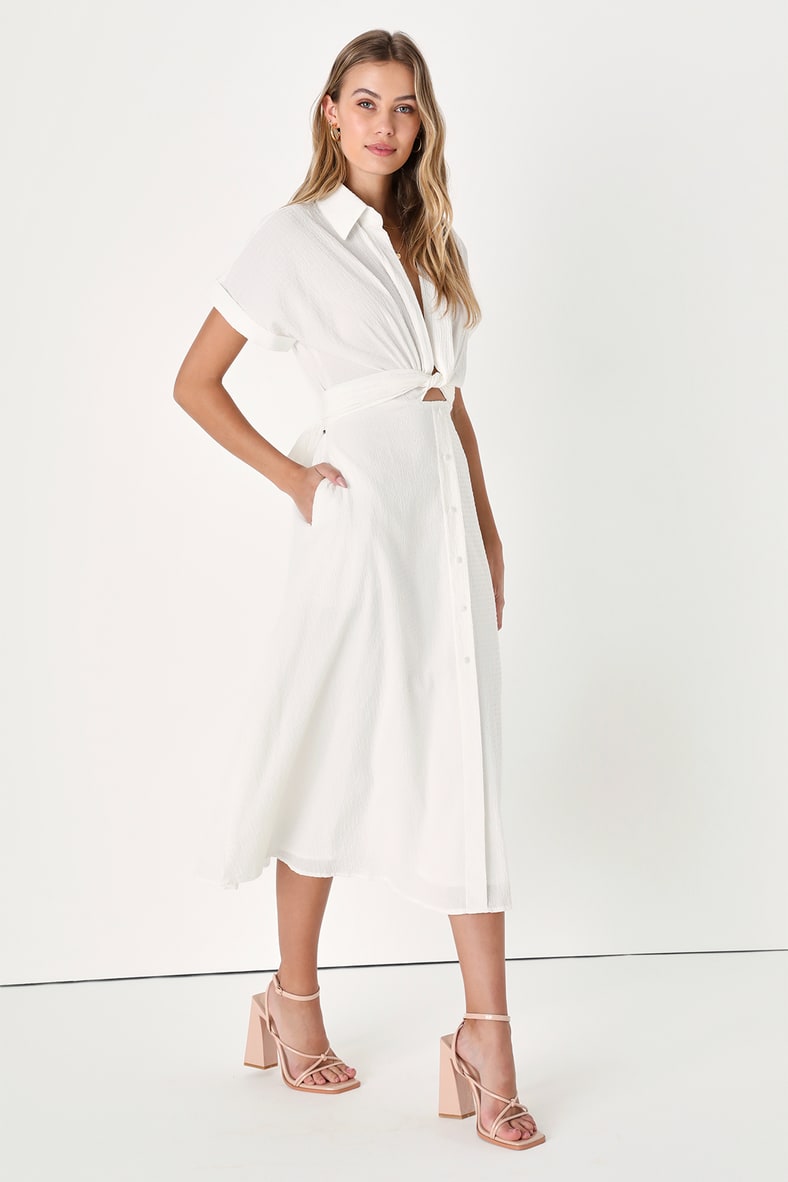 Palermo Perfection White Collared Midi Dress with Pockets