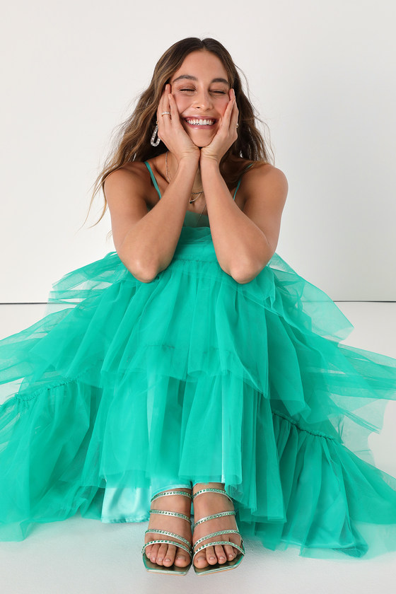 Rule the Runway Teal Green Tulle Bustier Tiered Maxi Dress