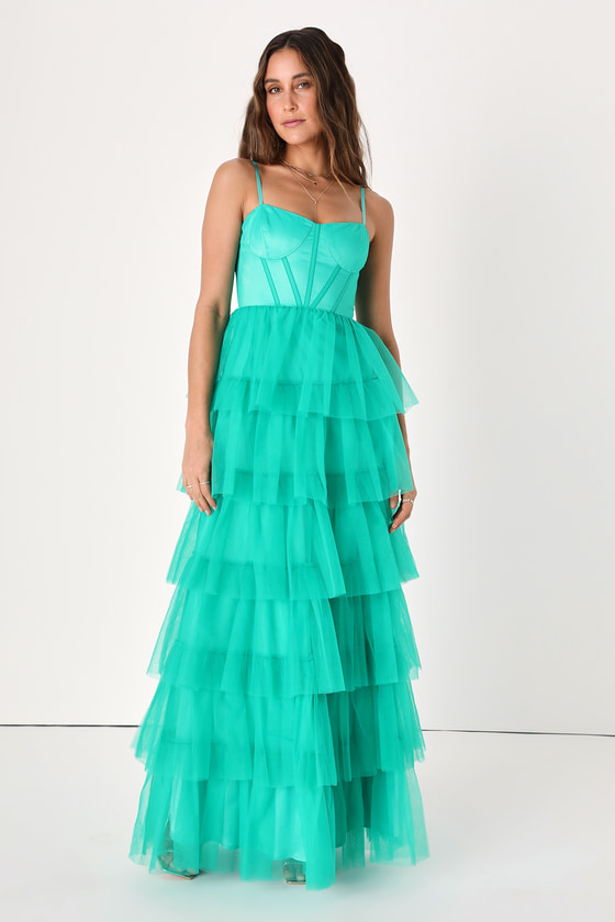 Rule the Runway Teal Green Tulle Bustier Tiered Maxi Dress