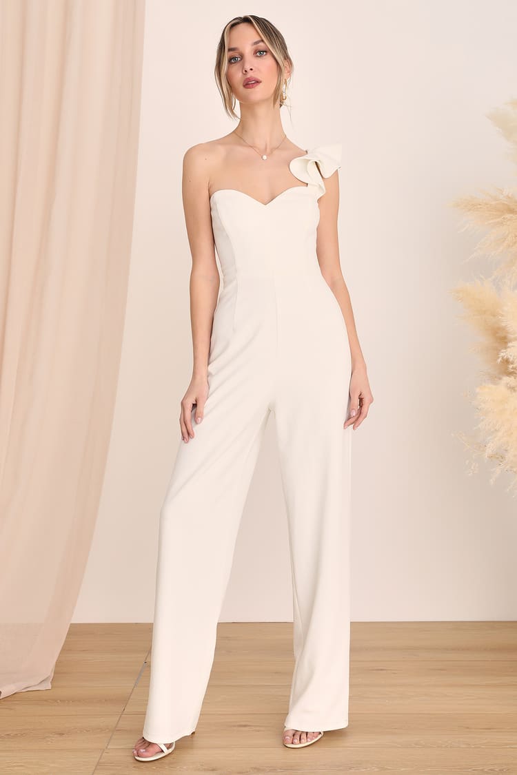 Women's White Jumpsuit One Side Ruffled/high Waist Wide Leg / Ruffle  Jumpsuit 70s Style/ruffled Trim One Shoulder. 