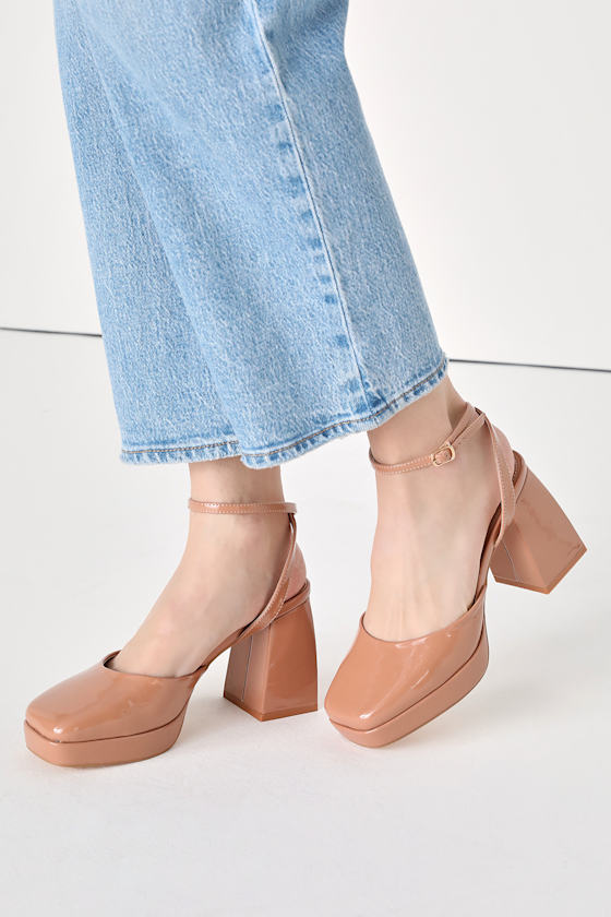 Diligent Light Nude Patent Ankle Strap Platform Pumps 1
