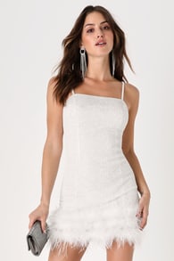 Truly Sensational White Sequin Feather Sleeveless Mini Dress