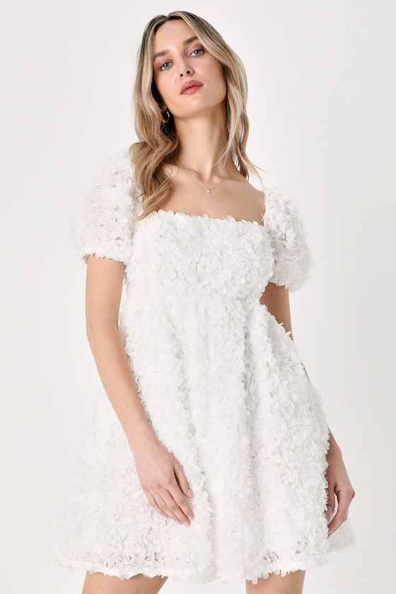 Floral Applique Dress 3D Floral Dress White Babydoll Dress Lulus