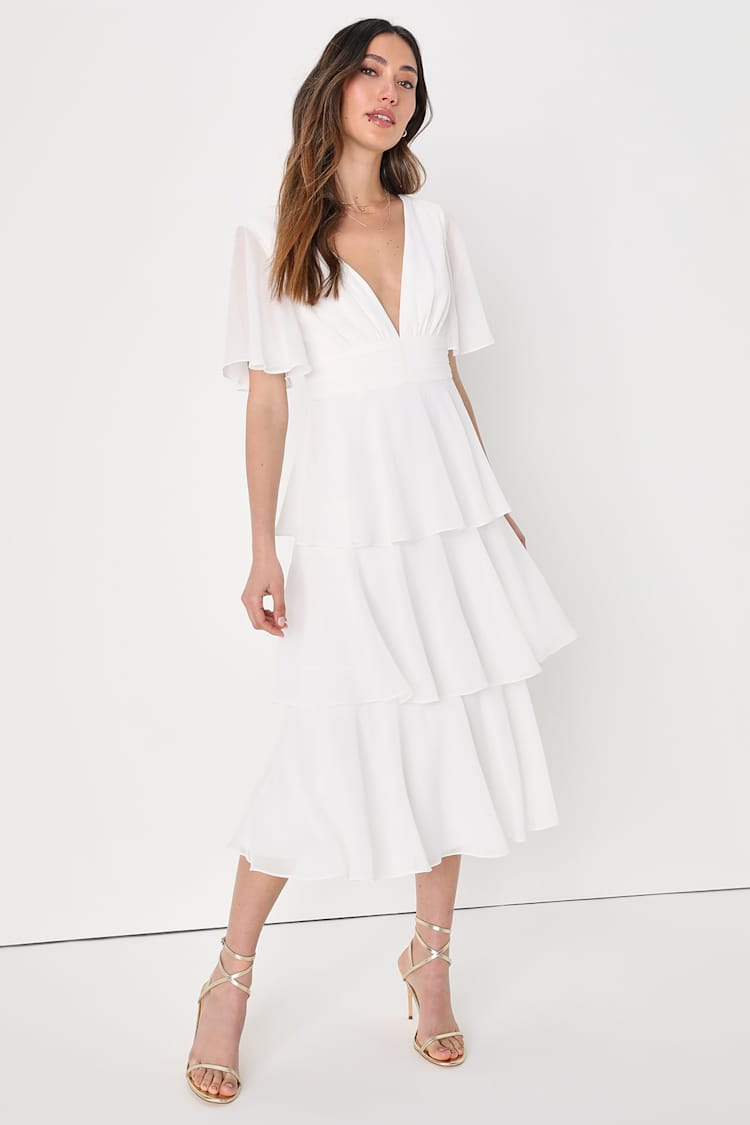 White Tiered Dress - Flutter Sleeve Midi Dress - White Midi Dress - Lulus