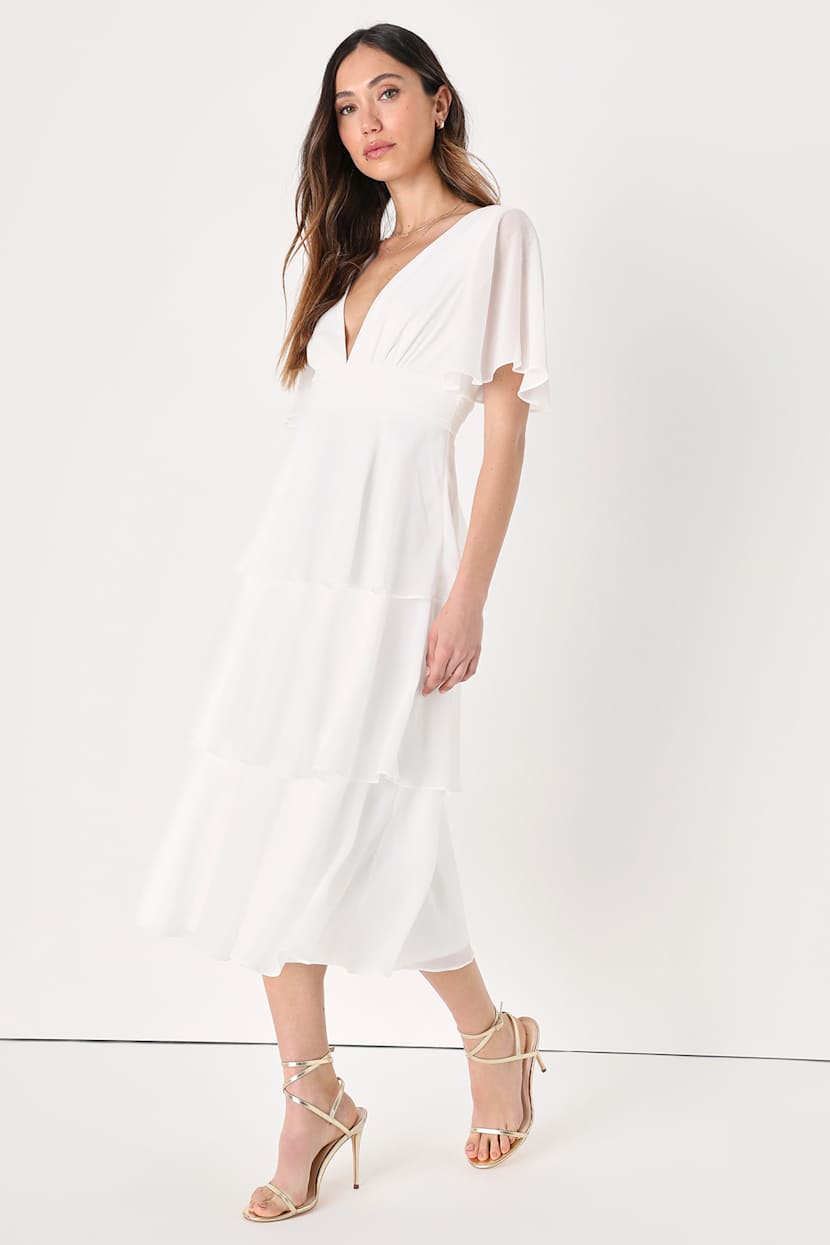 white tiered midi dress with sleeves Aventura Clothing Women's Colmar Seersucker Tiered Midi Dress