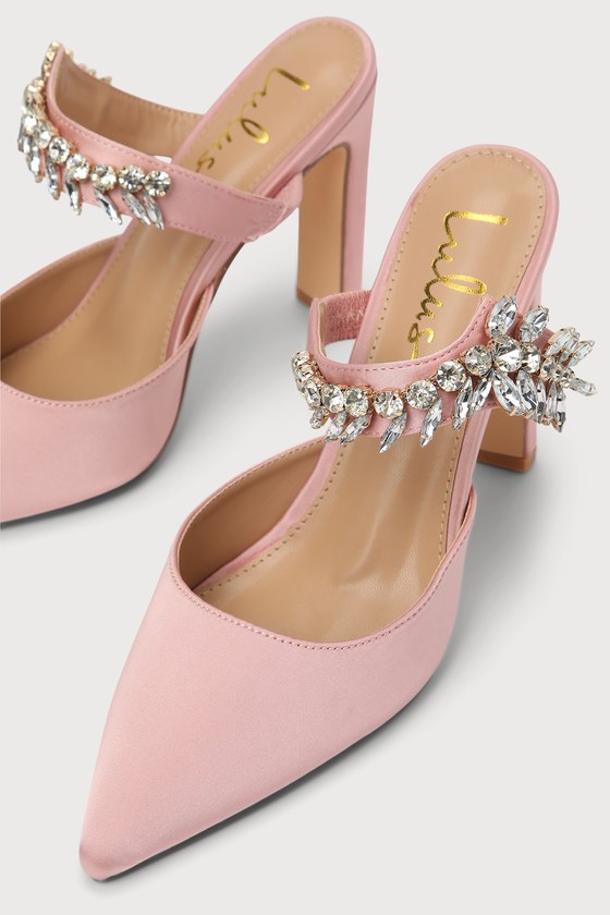 Lulus Floresa Rose Gold Satin Rhinestone Pointed-toe Mule Pumps