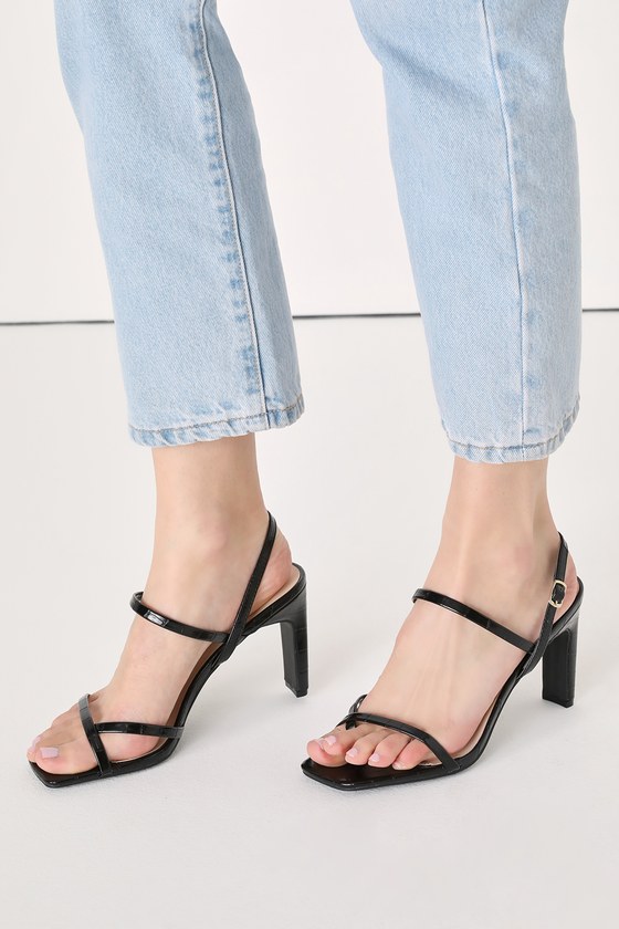 Emmalee Black Crocodile-Embossed Strappy High Heel Sandals