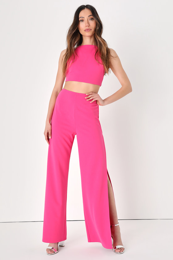 Hot Pink Two-Piece Wide-Leg Jumpsuit | Womens | Large (Available in M) | 100% Polyester | Lulus